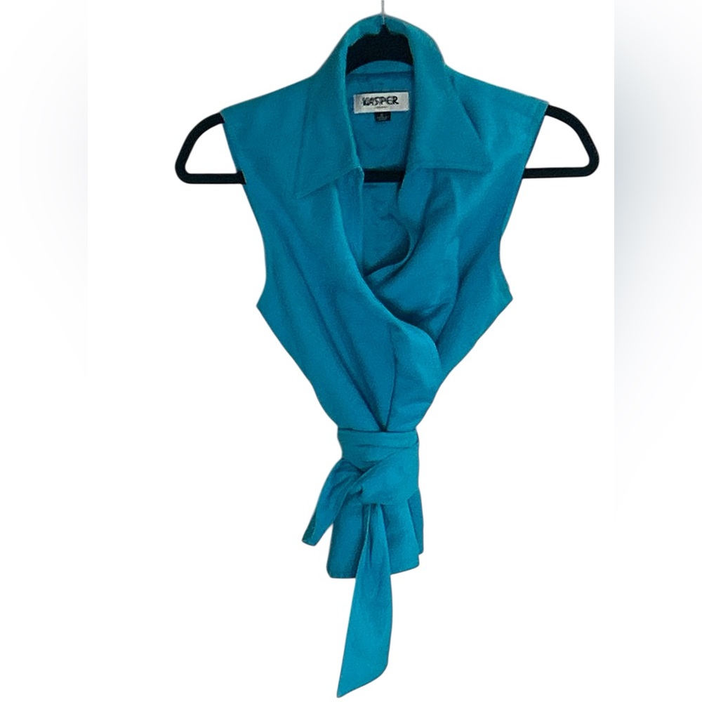 Kasper Blue Sleeveless Wrap Linen Blouse